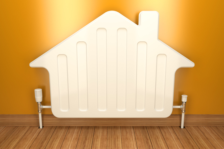 Heater radiator on yellow wall in house. 3d image Heater radiator on yellow wall in house. 3d image